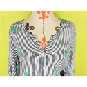 Crown & Ivy Women's Petite XL Striped Embroidered Loose Top Tunic Blouse B&W Grn
